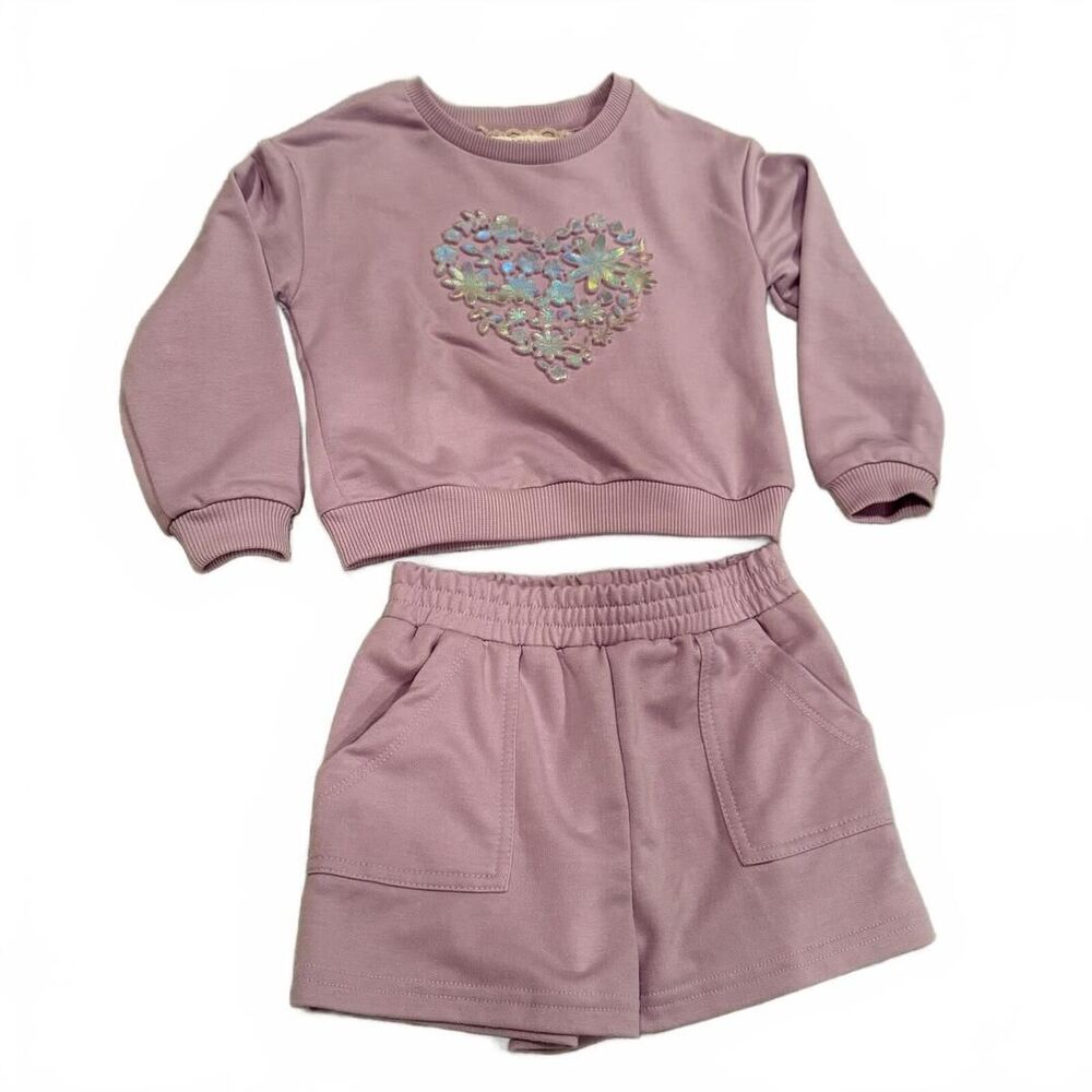 Btween Girls 3T Lavender Heart Sweatshirt and Shorts Set